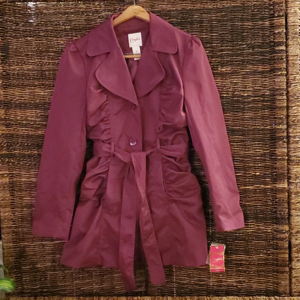 Candie's Shimmering Eggplant Ruched Detail PeaCoat